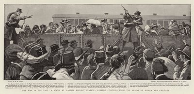 La guerre en Orient, une scène à la gare de Larissa, empêchant les fugitifs de monter dans les trains des femmes et des enfants - Henry Marriott Paget